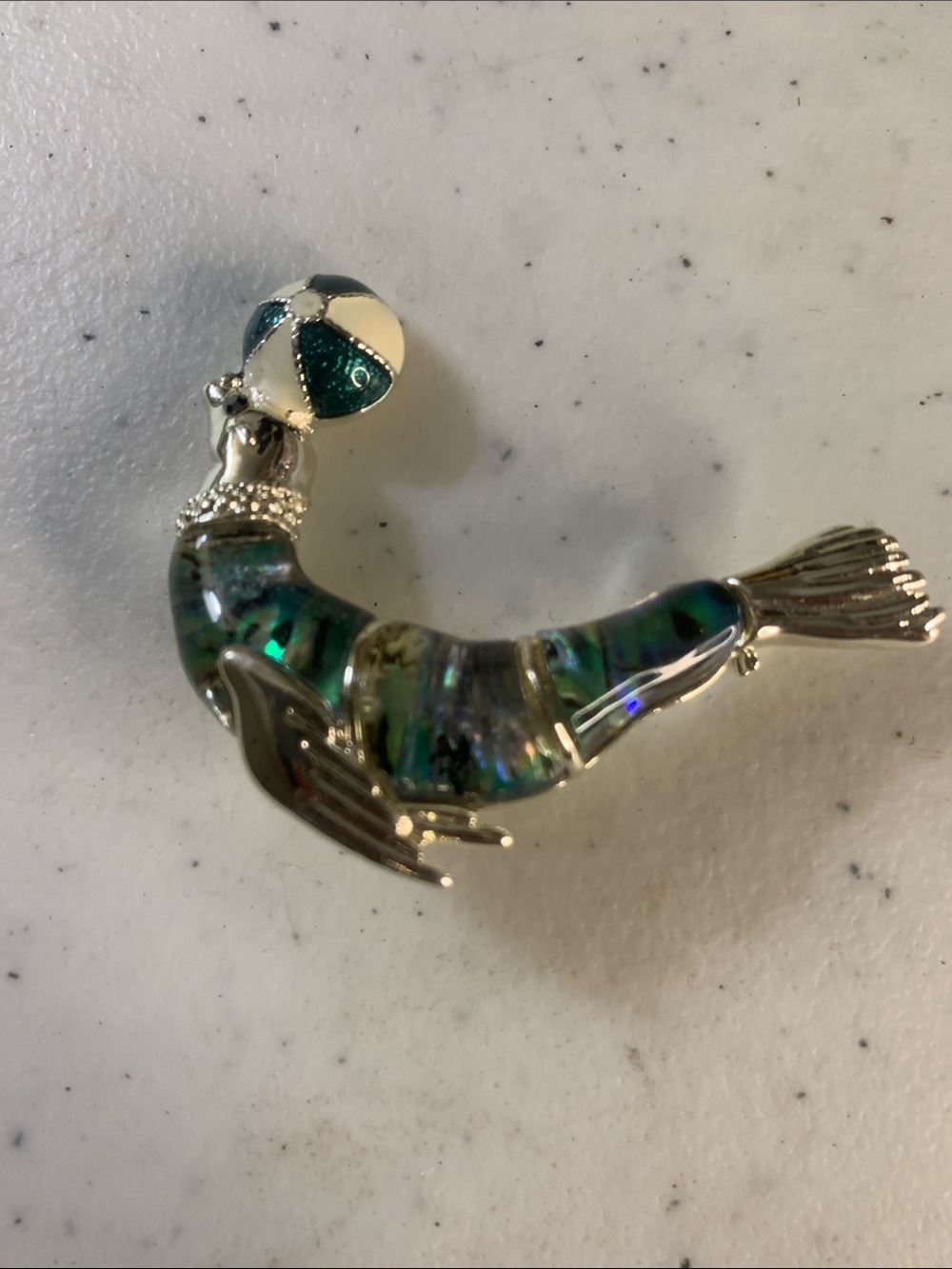 Napier Abalone Shell Seal Brooch with Teal and Silver Accents